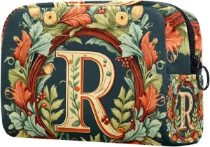 Letter R Surrounded by Wreath Pattern Cosmetic Makeup Bags, Small Travel Zipper Pouch Portable Toiletry Bag Makeup rganizer for Women Teen Girls