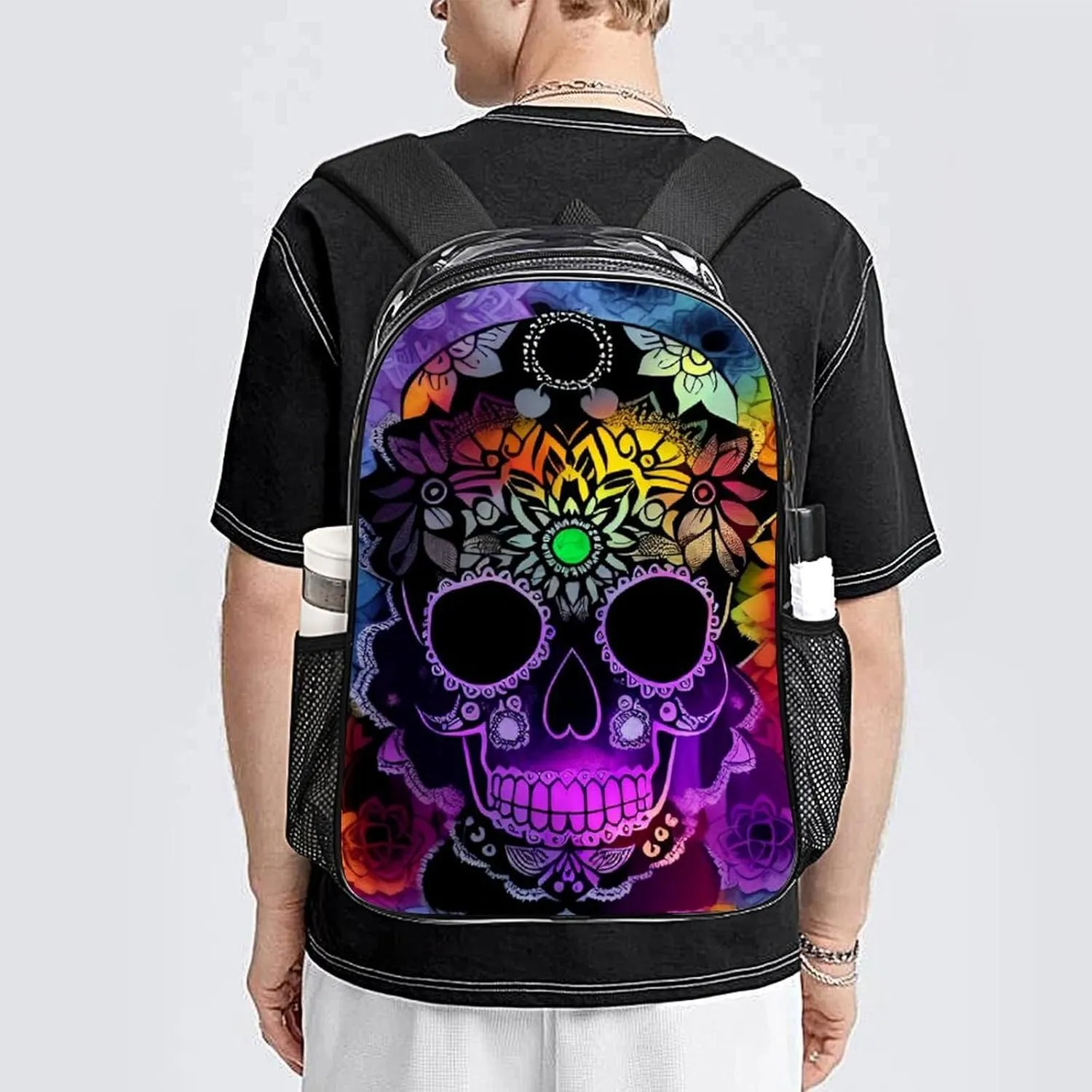 Lightweight Backpack for Gym Travel Bicycle - Big Capacity Multipurpose Transparent Carry On Bag, Indain Mandala Sugar Skull Art Travel Hiking Bag & Day Pack
