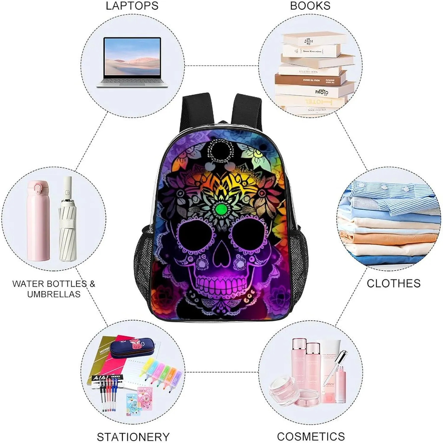 Lightweight Backpack for Gym Travel Bicycle - Big Capacity Multipurpose Transparent Carry On Bag, Indain Mandala Sugar Skull Art Travel Hiking Bag & Day Pack