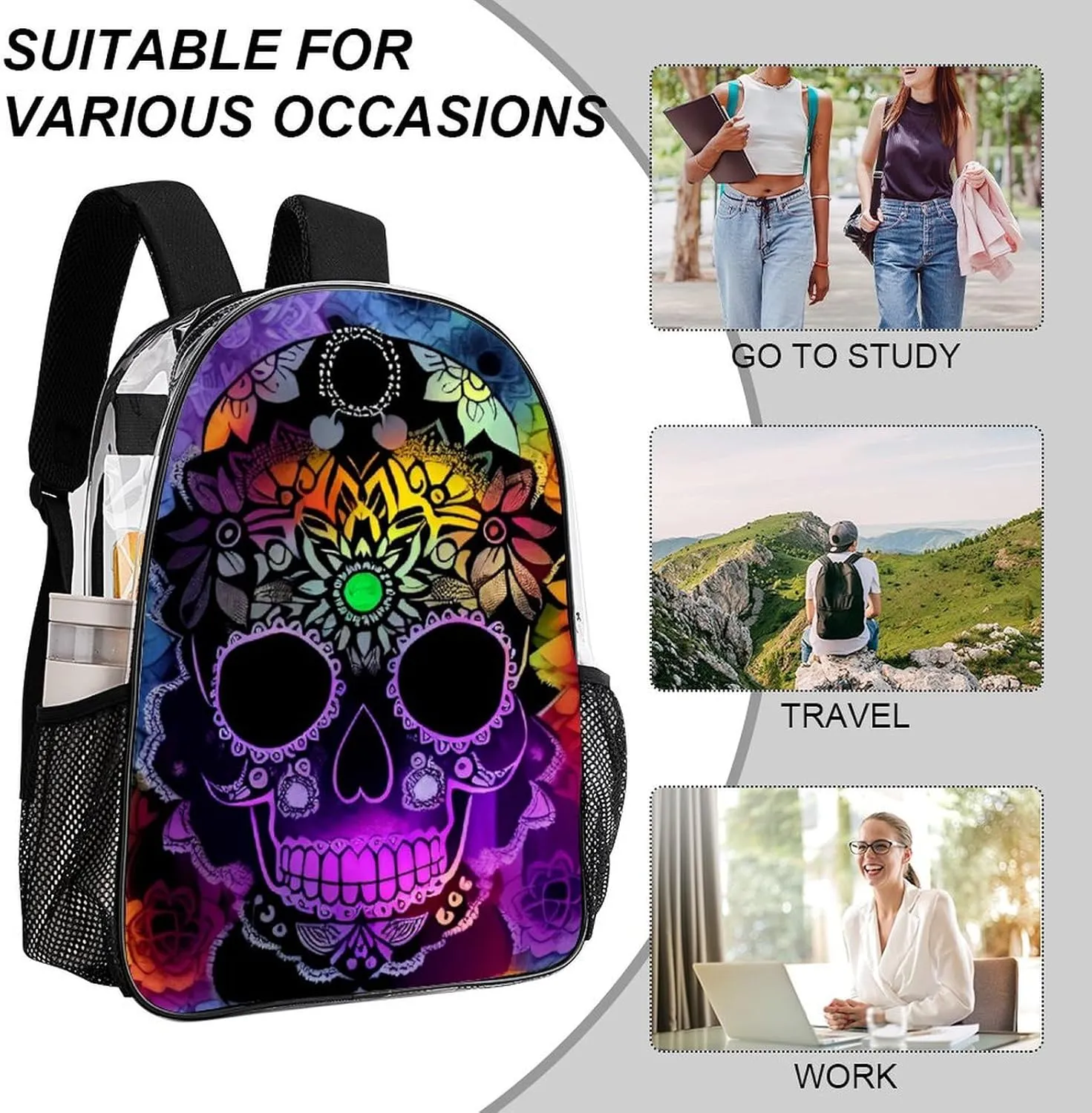 Lightweight Backpack for Gym Travel Bicycle - Big Capacity Multipurpose Transparent Carry On Bag, Indain Mandala Sugar Skull Art Travel Hiking Bag & Day Pack
