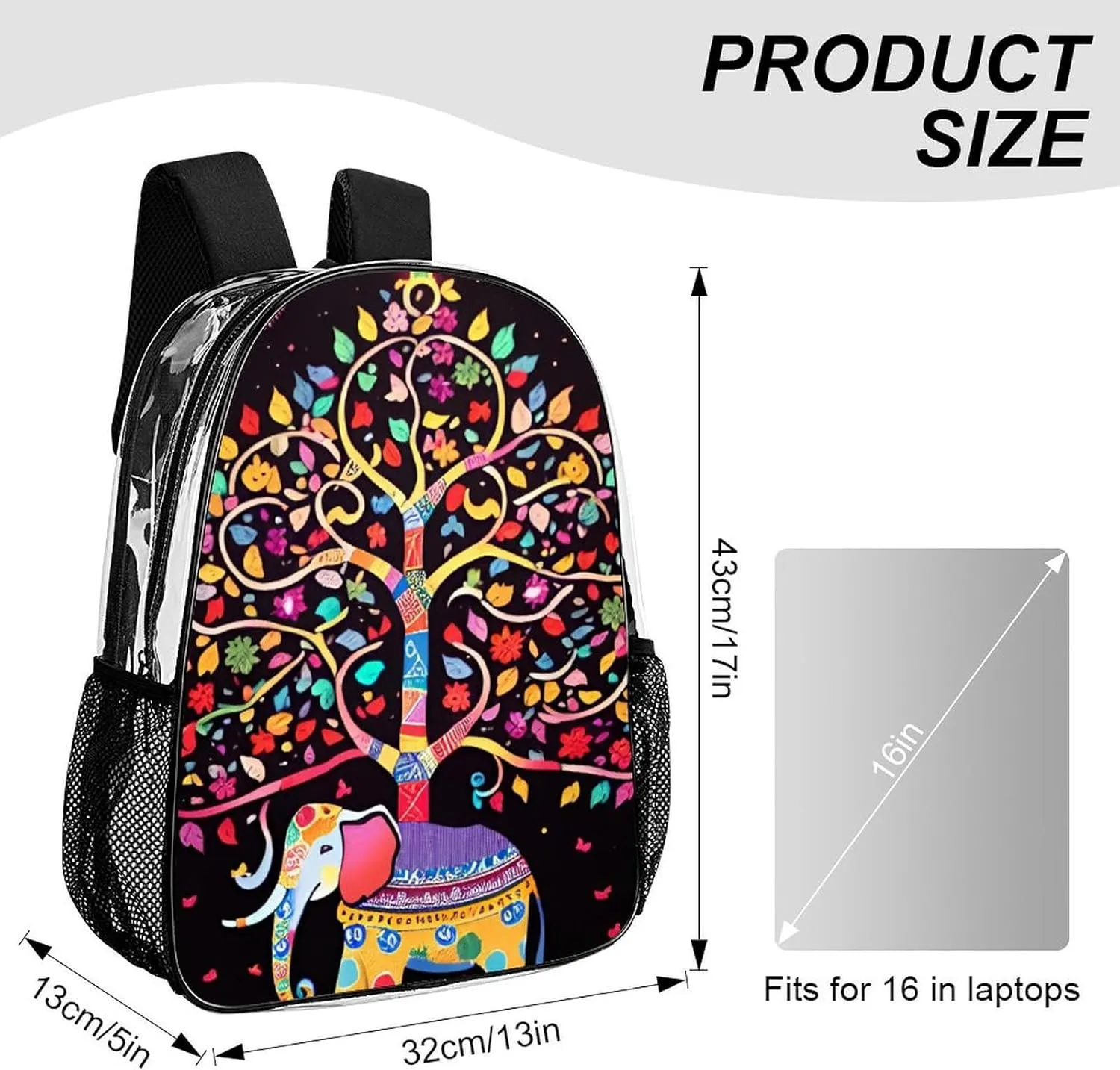 Lightweight Daypack Backpack for Trekking Work Running - Big Capacity Multipurpose Transparent Bookbag, Elephant Tree Lucky Art Business Computer Bag