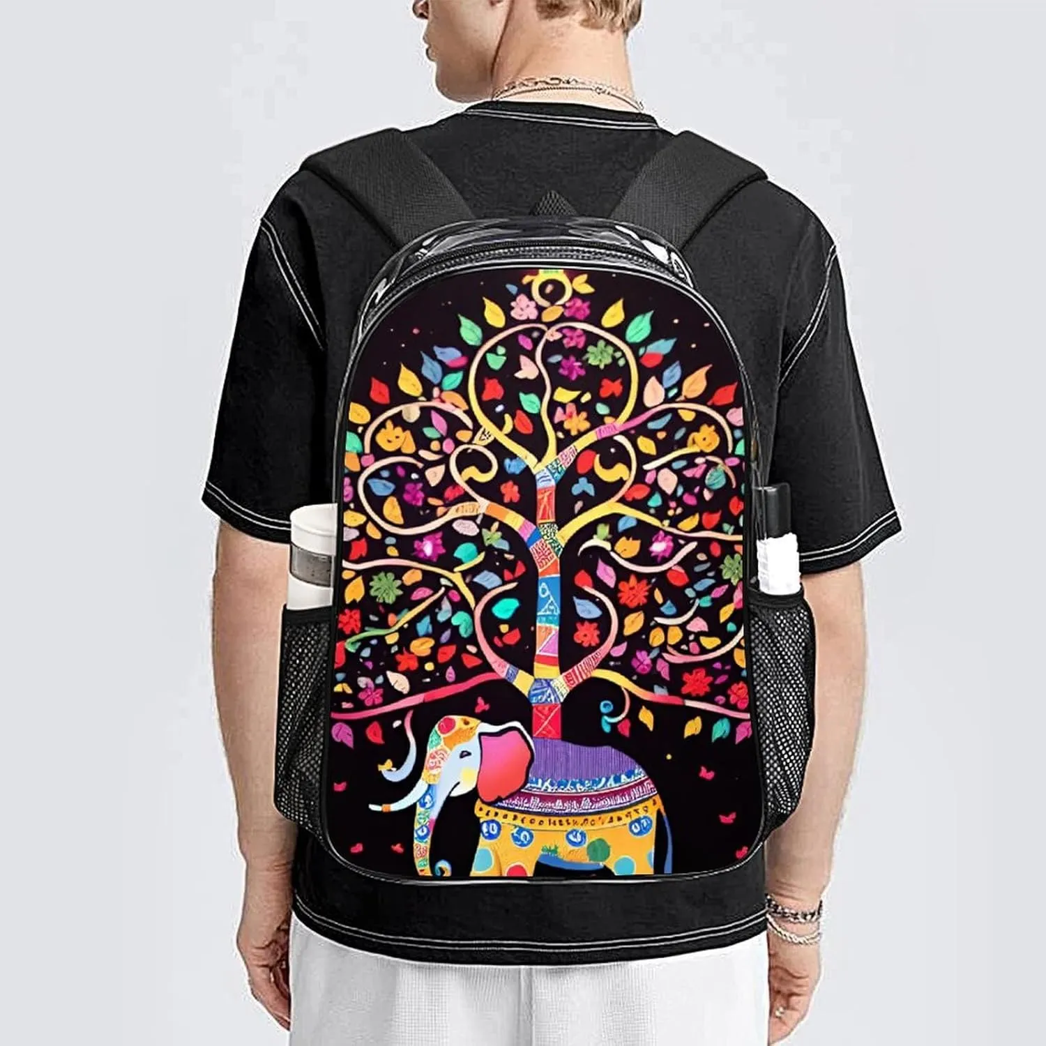 Lightweight Daypack Backpack for Trekking Work Running - Big Capacity Multipurpose Transparent Bookbag, Elephant Tree Lucky Art Business Computer Bag