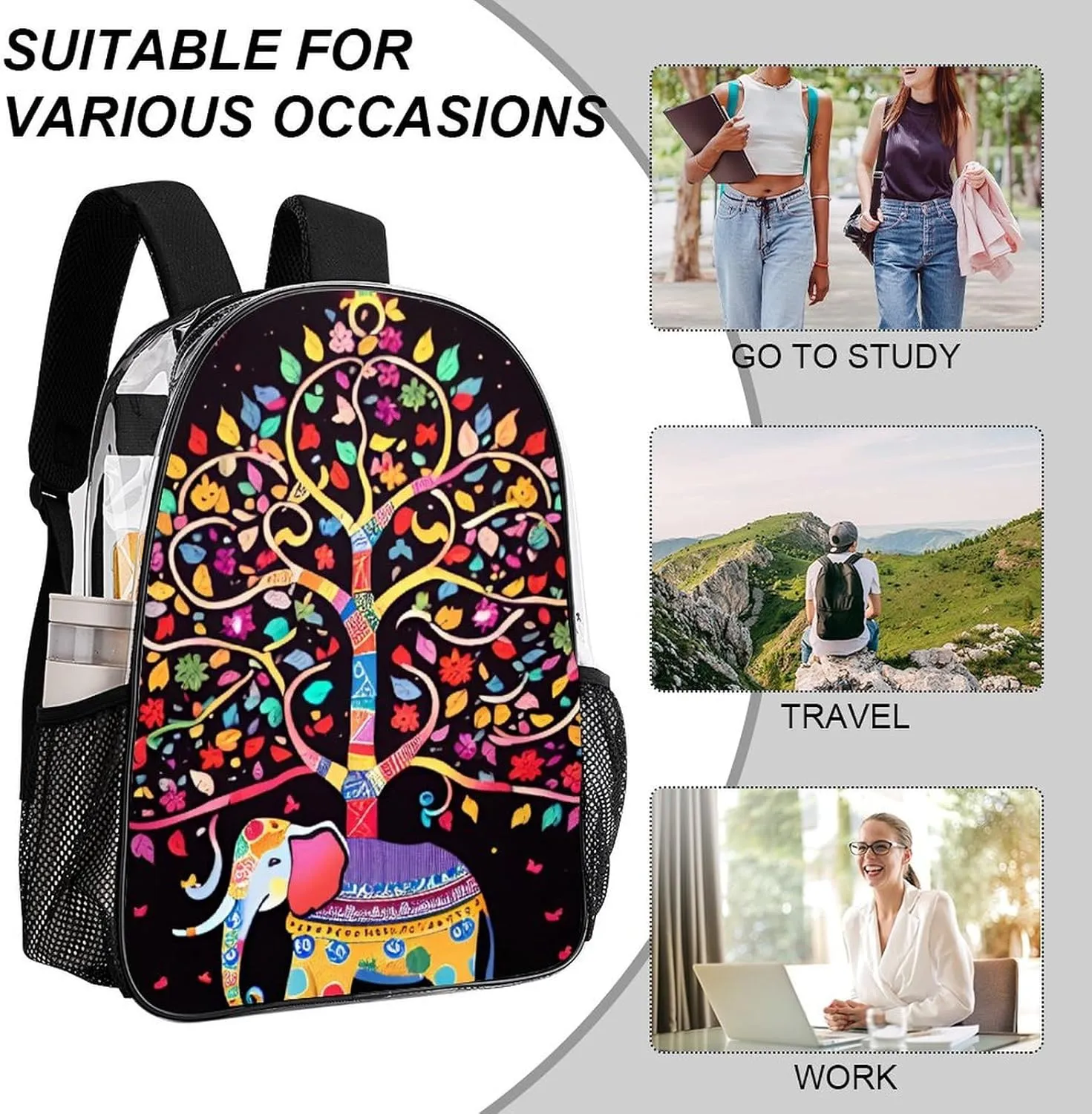 Lightweight Daypack Backpack for Trekking Work Running - Big Capacity Multipurpose Transparent Bookbag, Elephant Tree Lucky Art Business Computer Bag