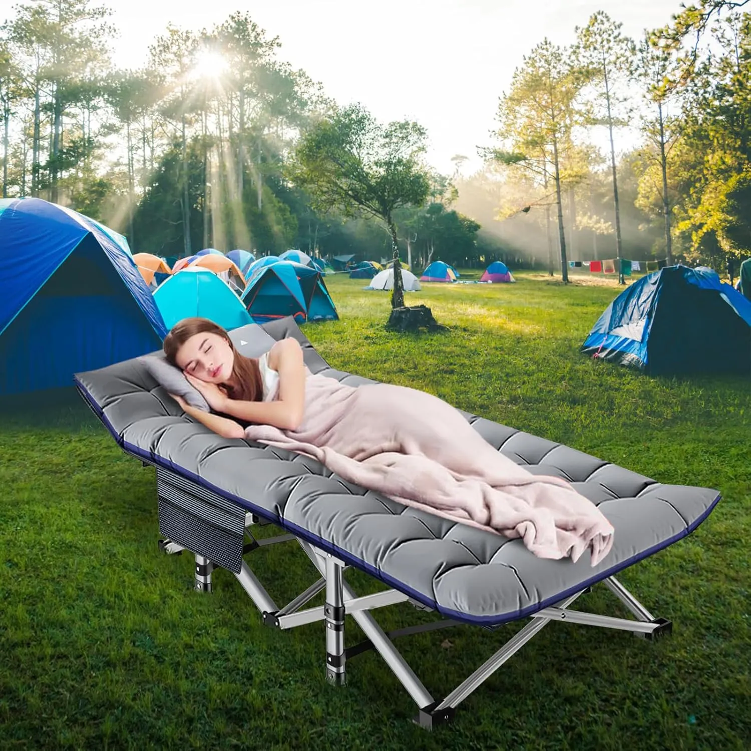LILYPELLE Folding Camping Cot, Heavy Duty Sleeping Cots with Carry Bag, Double Layer Oxford Portable Travel Camp Cots for Home, Office Nap and Outdoor Beach