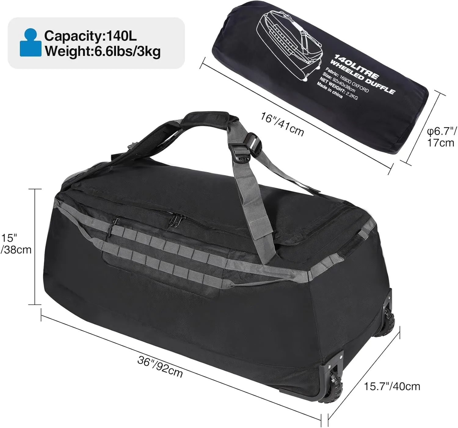 Lineslife Foldable Duffle Bag with Wheels, Large Travel Duffel Bag, 140L Black