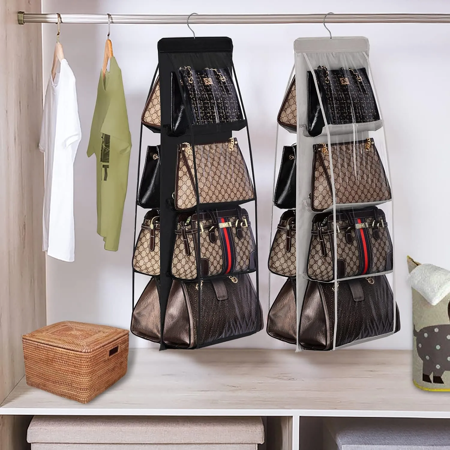 Lirex 2-Pack Handbag Hanging Purse Organizer for Closet, 8 Pocket Handbag Storage Organizer Hanger Oxford Cloth Closet Organizer for Family Closet Bedroom, Foldable and Universal Fit, Grey