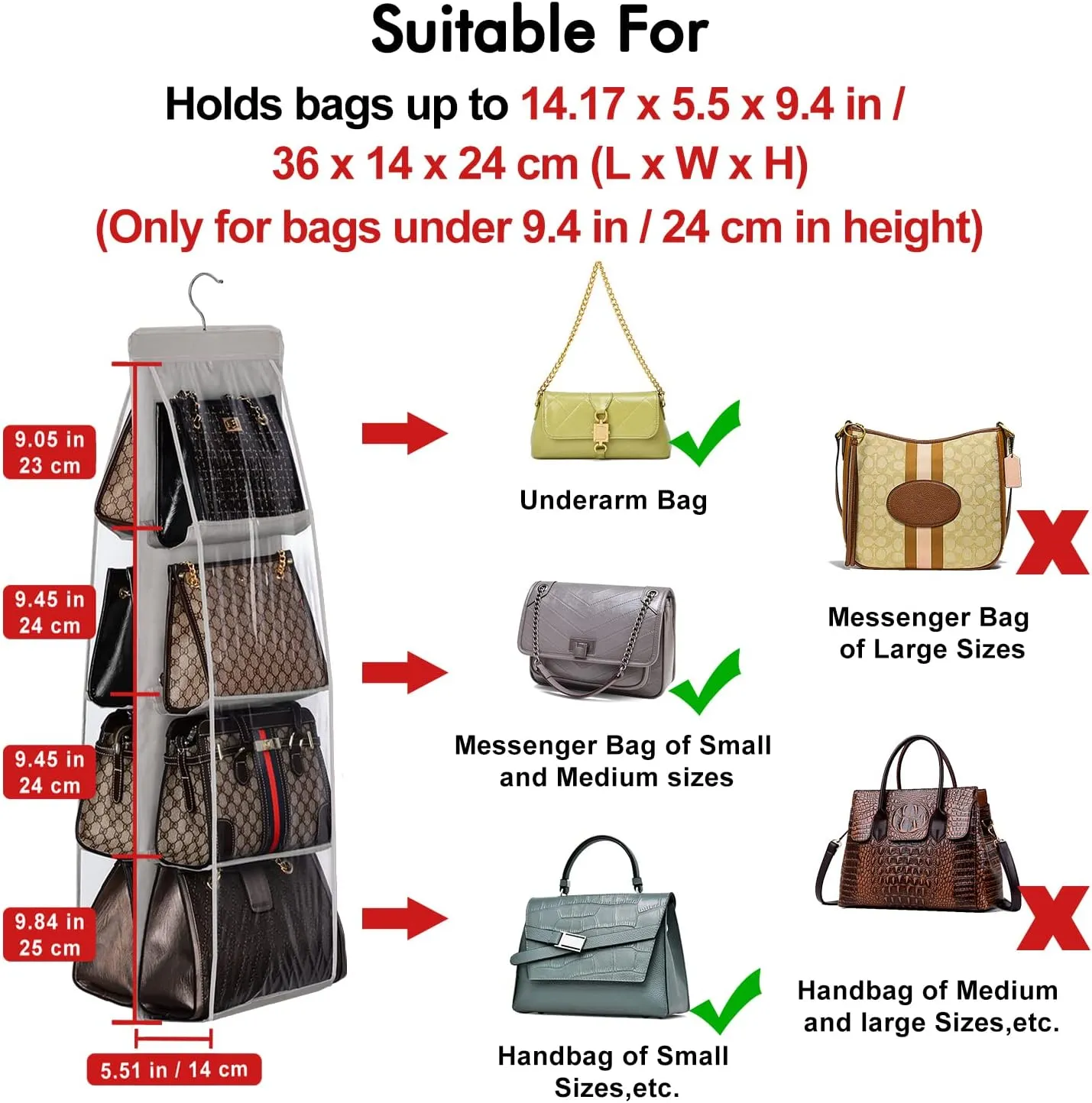 Lirex 2-Pack Handbag Hanging Purse Organizer for Closet, 8 Pocket Handbag Storage Organizer Hanger Oxford Cloth Closet Organizer for Family Closet Bedroom, Foldable and Universal Fit, Grey