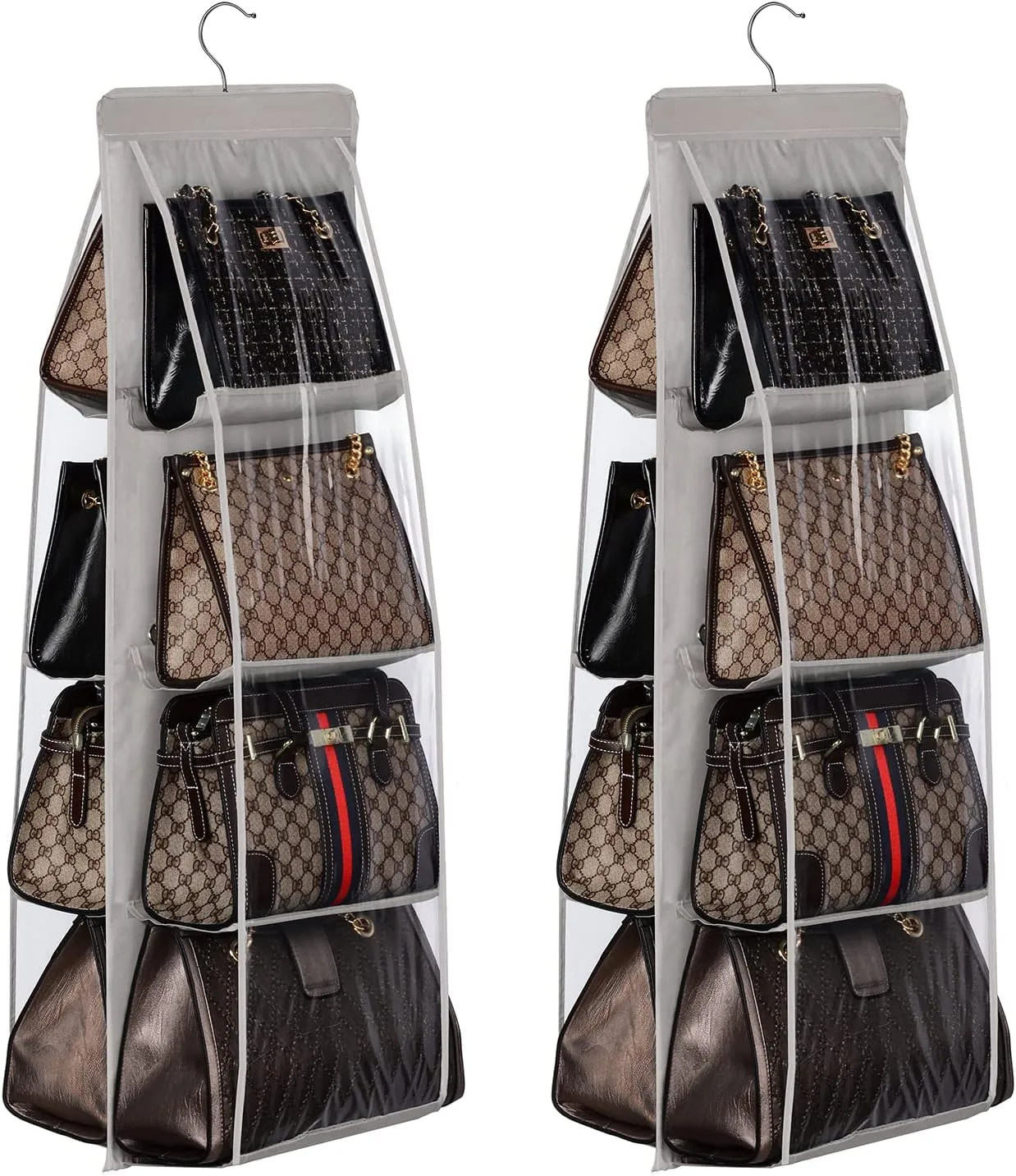 Lirex 2-Pack Handbag Hanging Purse Organizer for Closet, 8 Pocket Handbag Storage Organizer Hanger Oxford Cloth Closet Organizer for Family Closet Bedroom, Foldable and Universal Fit, Grey