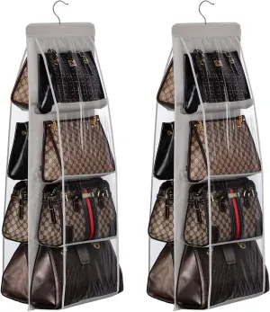 Lirex 2-Pack Handbag Hanging Purse Organizer for Closet, 8 Pocket Handbag Storage Organizer Hanger Oxford Cloth Closet Organizer for Family Closet Bedroom, Foldable and Universal Fit, Grey