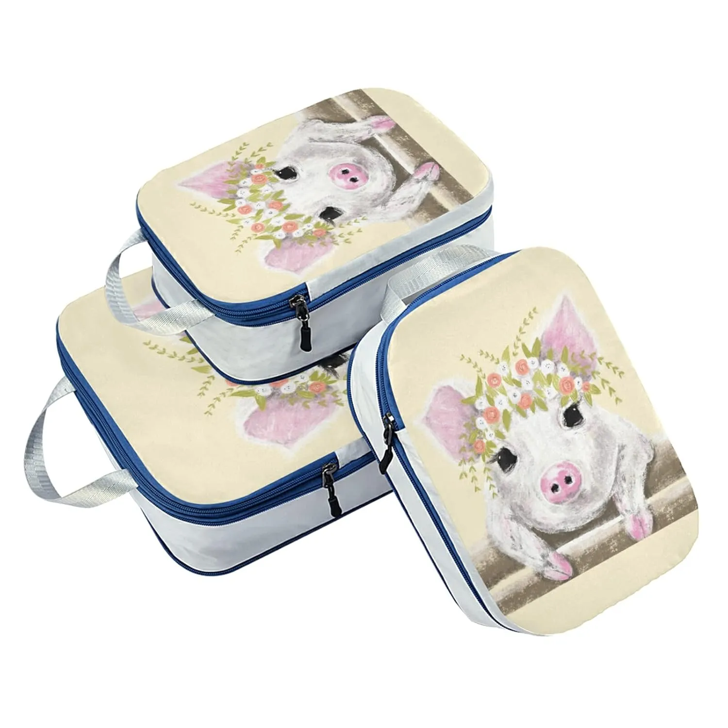 Little White Pink Pig Piglet with Floral Wreath on Fence 3 Piece set Cubes Expandable Adjustable Luggage Packing Bags, Ultralight Organizer Accessories Travel Suitcase Compressible Bags