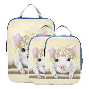 Little White Pink Pig Piglet with Floral Wreath on Fence 3 Piece set Cubes Expandable Adjustable Luggage Packing Bags, Ultralight Organizer Accessories Travel Suitcase Compressible Bags