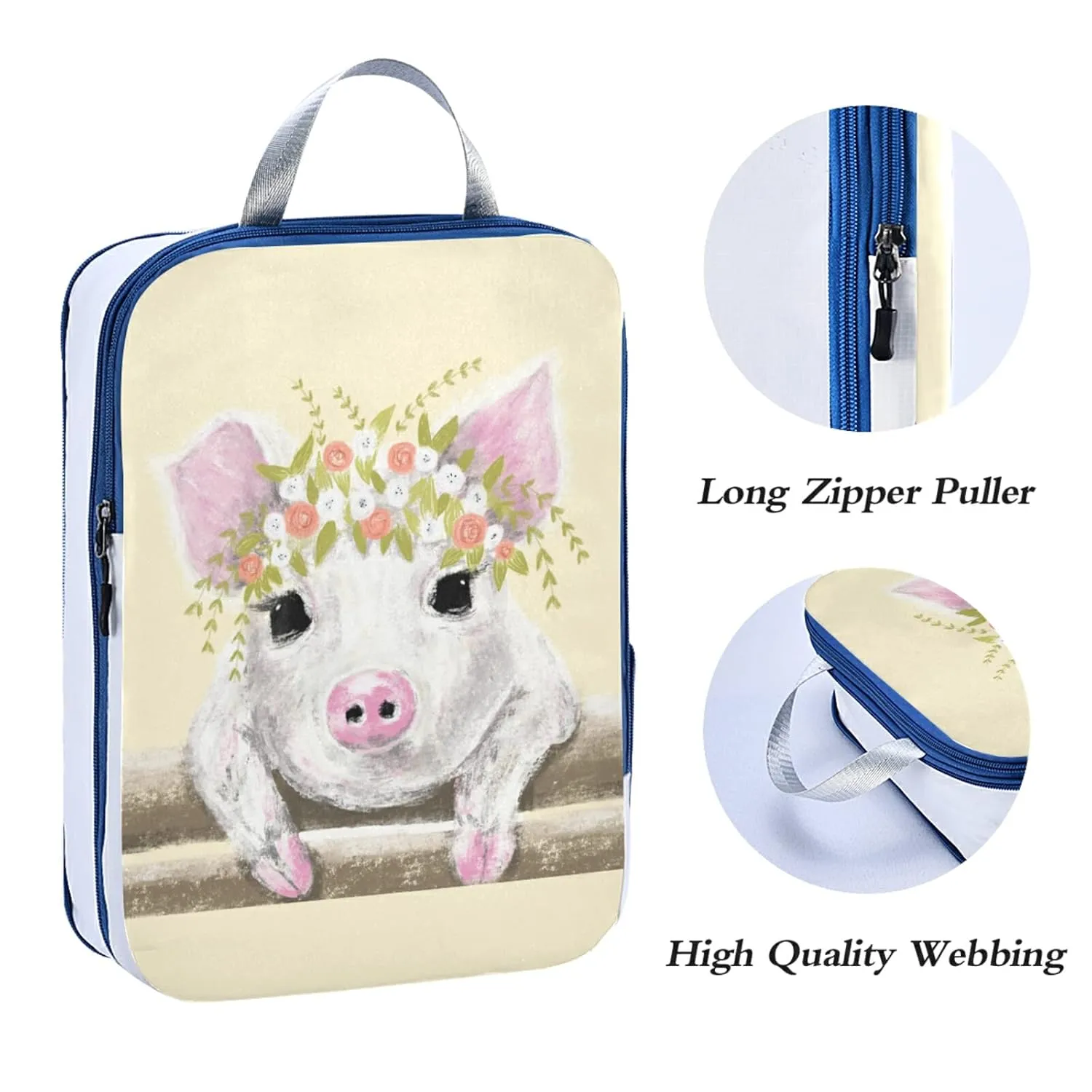 Little White Pink Pig Piglet with Floral Wreath on Fence 3 Piece set Cubes Expandable Adjustable Luggage Packing Bags, Ultralight Organizer Accessories Travel Suitcase Compressible Bags