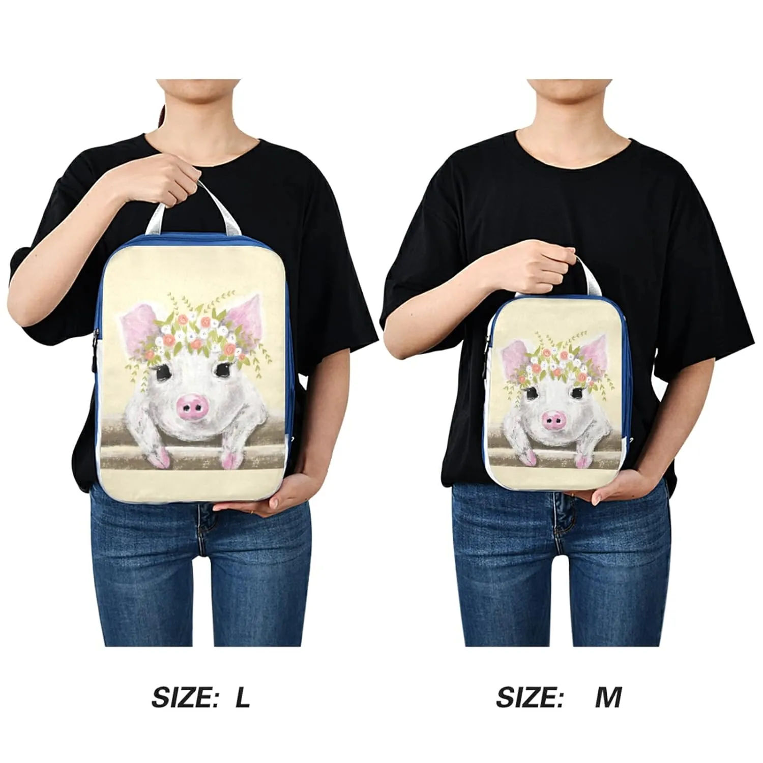 Little White Pink Pig Piglet with Floral Wreath on Fence 3 Piece set Cubes Expandable Adjustable Luggage Packing Bags, Ultralight Organizer Accessories Travel Suitcase Compressible Bags
