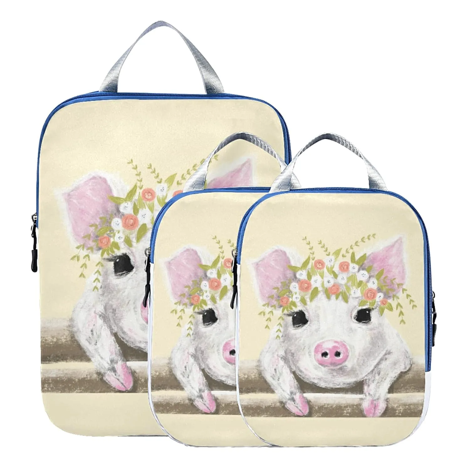 Little White Pink Pig Piglet with Floral Wreath on Fence 3 Piece set Cubes Expandable Adjustable Luggage Packing Bags, Ultralight Organizer Accessories Travel Suitcase Compressible Bags
