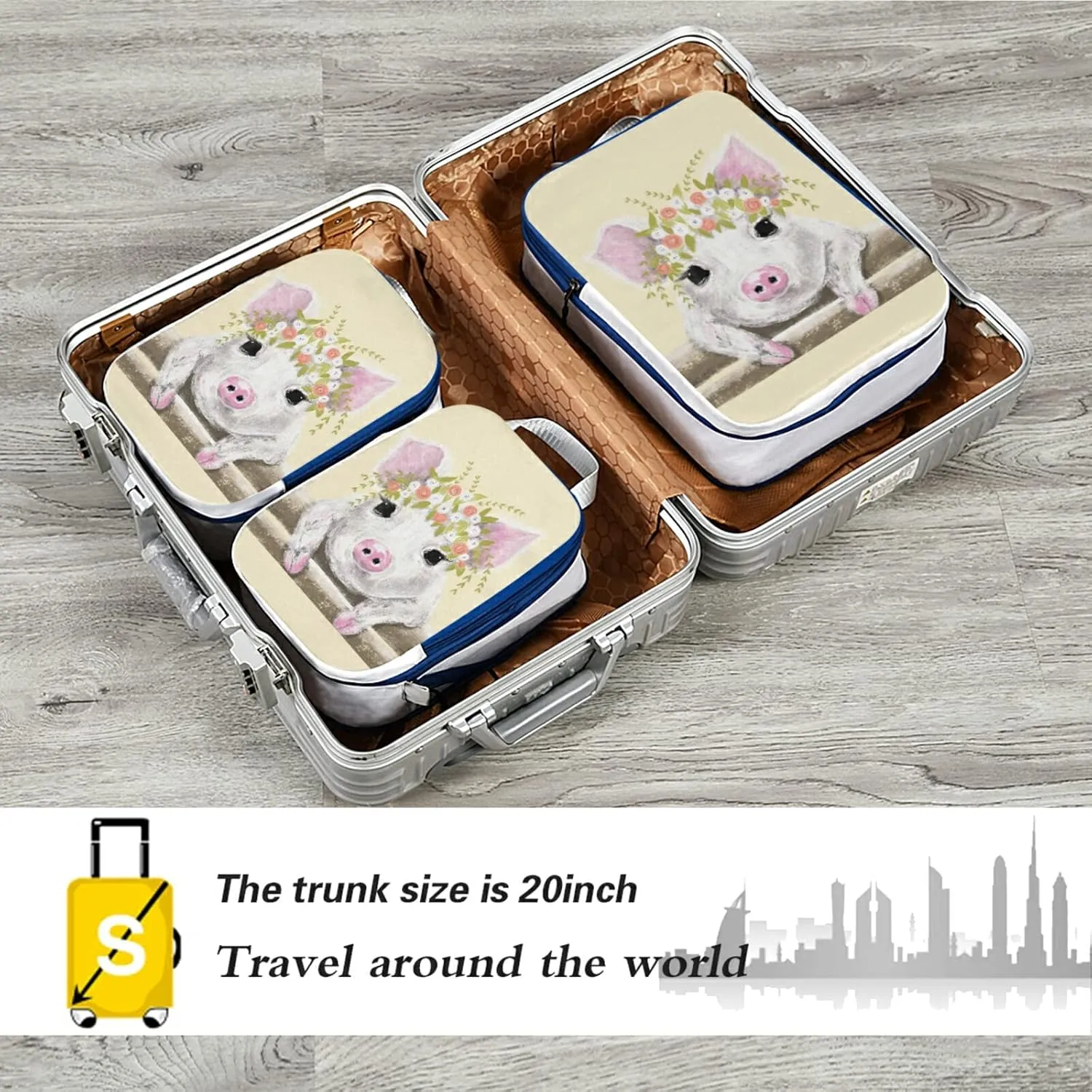 Little White Pink Pig Piglet with Floral Wreath on Fence 3 Piece set Cubes Expandable Adjustable Luggage Packing Bags, Ultralight Organizer Accessories Travel Suitcase Compressible Bags