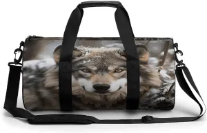 Lmage of Wolf in The Snow Cylindrical Gym Bag Travel Duffel Bag with Dry Wet Separated Pocket for Men And Women Overnight Bag Weekender Bag Training Handbag Yoga Bag