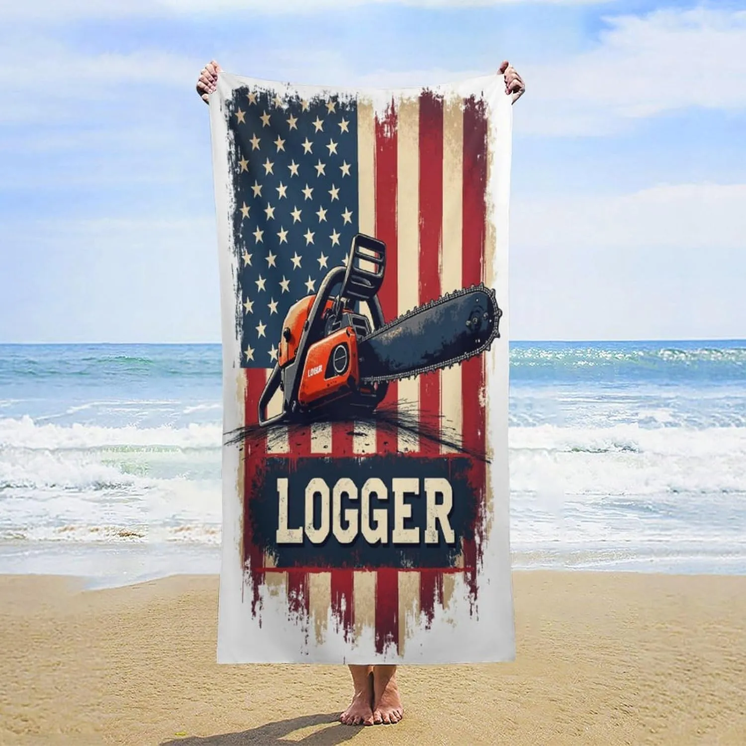 Logger Chainsaw with AAmerican Flag Oversized Beach Towel Microfiber Quick Dry Sand Free Camping Towels Blanket Lightweight Absorbent Towel 160x80cm