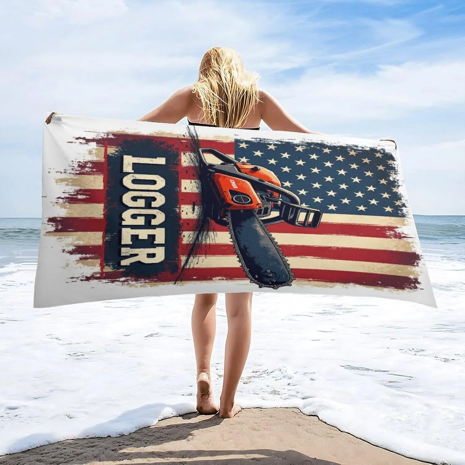 Logger Chainsaw with AAmerican Flag Oversized Beach Towel Microfiber Quick Dry Sand Free Camping Towels Blanket Lightweight Absorbent Towel 160x80cm