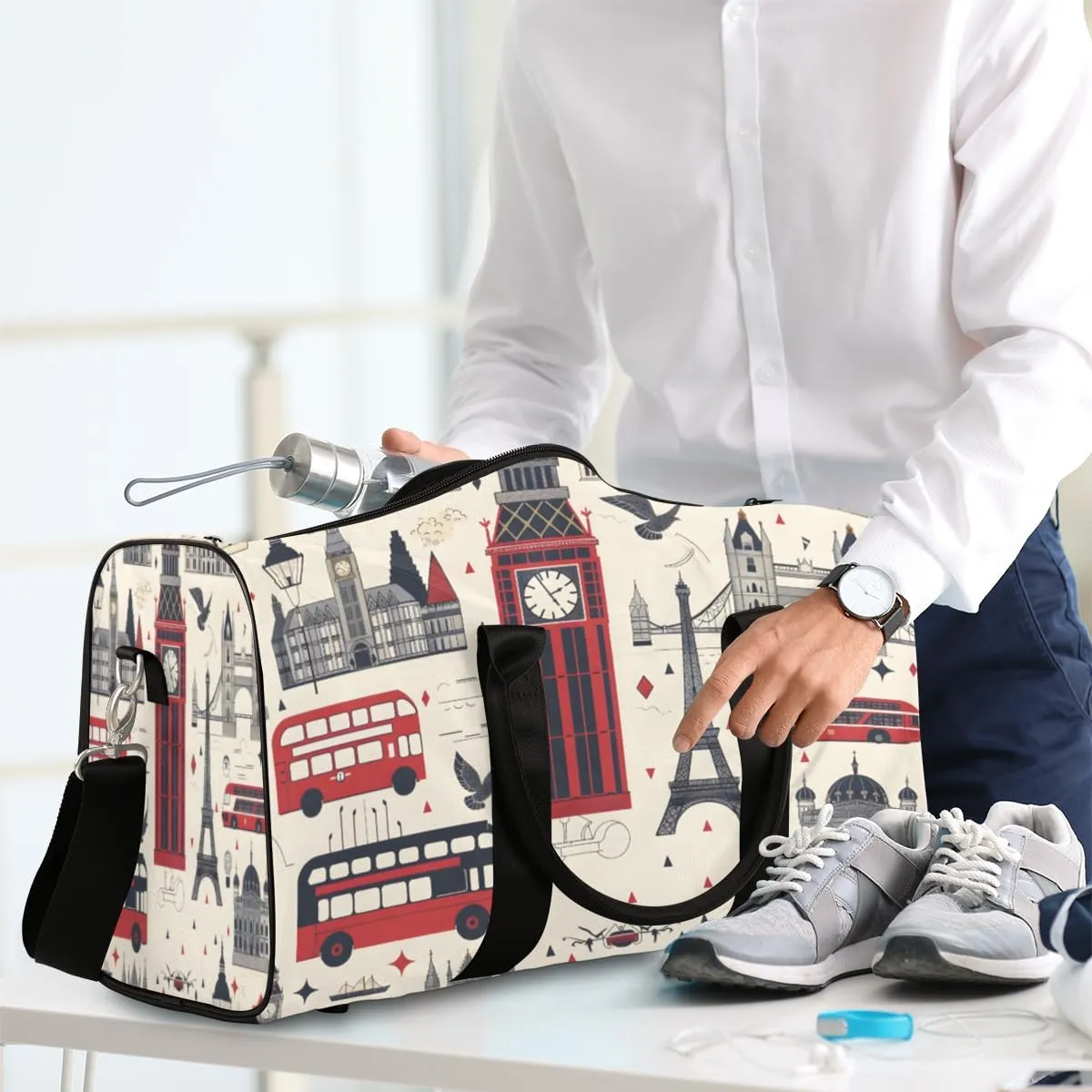 London Travel Duffle Bag, Sports Gym Bags for Women Men, Carry On Weekender Overnight Bag, Big Ben England Workout Hospital Airplane Trips Bag