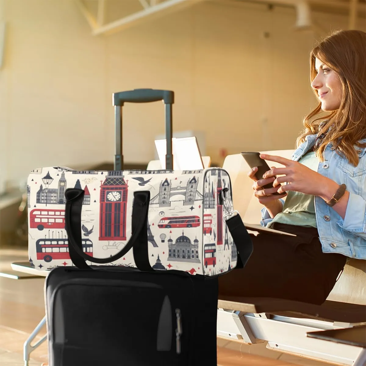 London Travel Duffle Bag, Sports Gym Bags for Women Men, Carry On Weekender Overnight Bag, Big Ben England Workout Hospital Airplane Trips Bag
