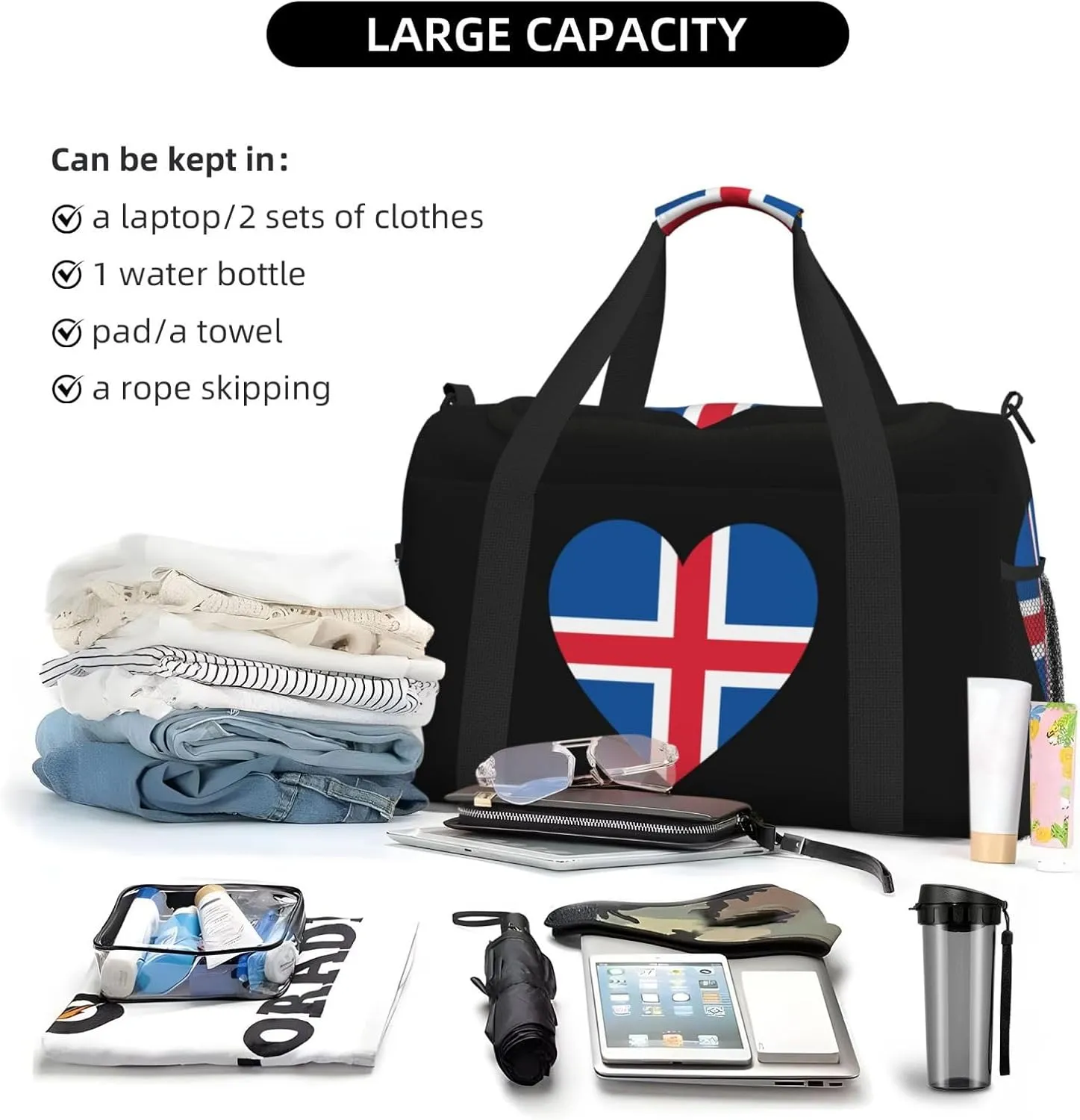 Love Iceland Flag Travel Duffel Bag Large Foldable Waterproof Overnight Bag For Beach Swim Bags Pool Sports Gym