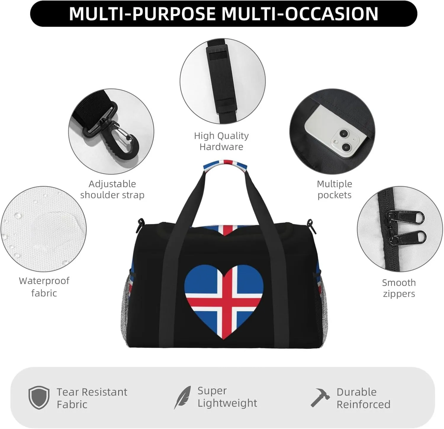 Love Iceland Flag Travel Duffel Bag Large Foldable Waterproof Overnight Bag For Beach Swim Bags Pool Sports Gym