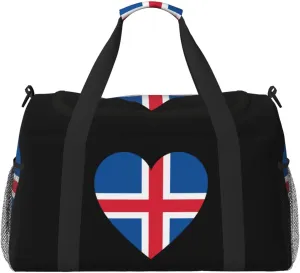 Love Iceland Flag Travel Duffel Bag Large Foldable Waterproof Overnight Bag For Beach Swim Bags Pool Sports Gym