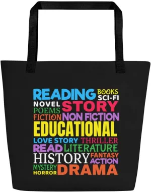 Love Reading Books - Genre Word Art Beach Bag with Inside Pocket 16x20" Black