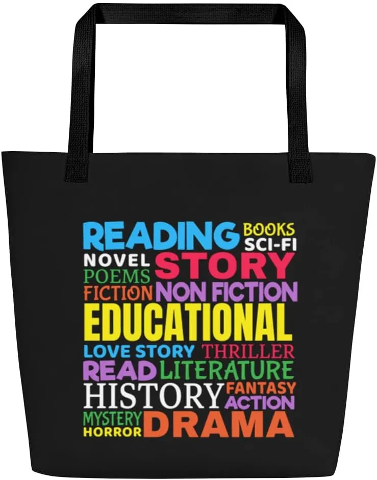 Love Reading Books - Genre Word Art Beach Bag with Inside Pocket 16x20" Black