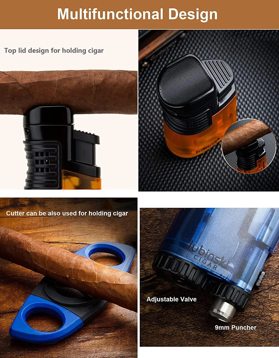 LUBINSKI Torch Lighter and Cigar Cutter Gift Set, Multifunction 3 Jet Butane Lighter with Punch, Security Lock, Top Lid with Cigar Stand, Stainless Steel 28mm Cutter with Cigar Stand (Blue)