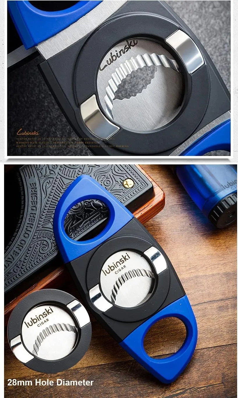 LUBINSKI Torch Lighter and Cigar Cutter Gift Set, Multifunction 3 Jet Butane Lighter with Punch, Security Lock, Top Lid with Cigar Stand, Stainless Steel 28mm Cutter with Cigar Stand (Blue)