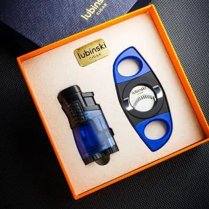 LUBINSKI Torch Lighter and Cigar Cutter Gift Set, Multifunction 3 Jet Butane Lighter with Punch, Security Lock, Top Lid with Cigar Stand, Stainless Steel 28mm Cutter with Cigar Stand (Blue)