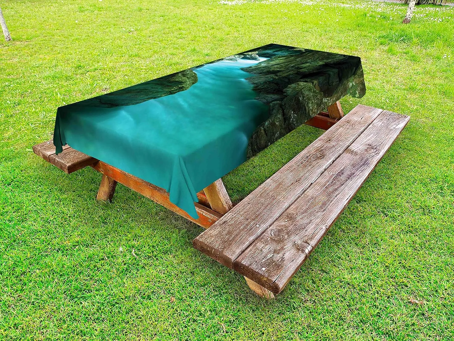 Lunarable Waterfall Outdoor Tablecloth, Tolminka Alpine River Water and Caves Exotic Nature Travel Picture, Decorative Washable Picnic Table Cloth, 58" X 84", Turquoise Dark Green