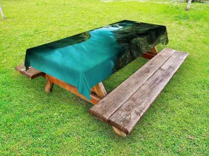 Lunarable Waterfall Outdoor Tablecloth, Tolminka Alpine River Water and Caves Exotic Nature Travel Picture, Decorative Washable Picnic Table Cloth, 58" X 84", Turquoise Dark Green