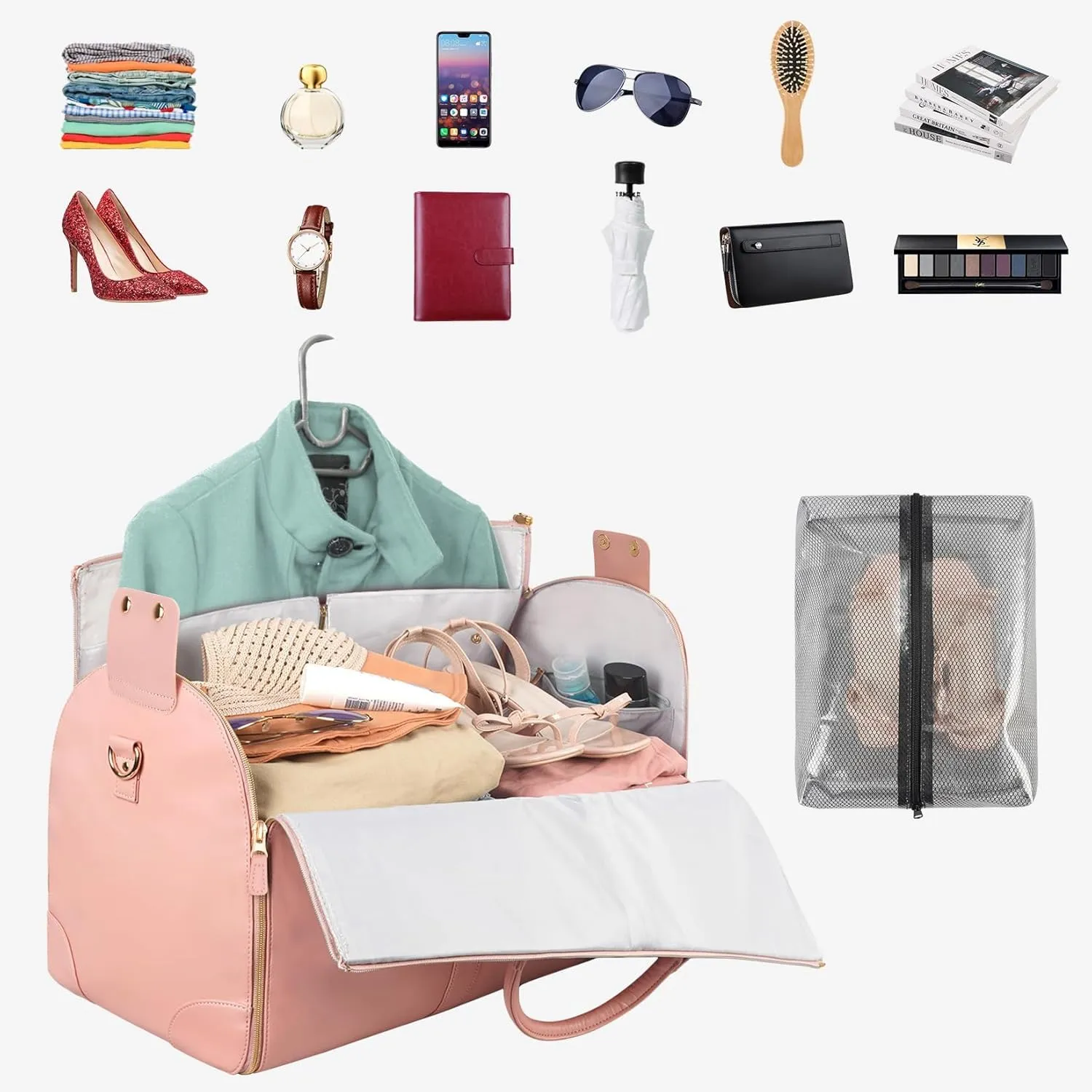 Luschy Travel Bag, PU Leather Wrinkle-Free Packing Design, High Capacity Folding Luggage Bag, Duffel Bag Designed for Women's Travel Convenience. (Pink)