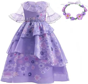 LZH Encanto Mirabel Costume Dress For Girls Cosplay Isabela Madrigal Princess Halloween Dress Up With Glasses Earrings