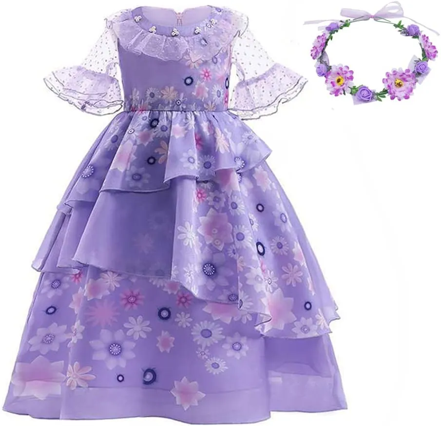 LZH Encanto Mirabel Costume Dress For Girls Cosplay Isabela Madrigal Princess Halloween Dress Up With Glasses Earrings