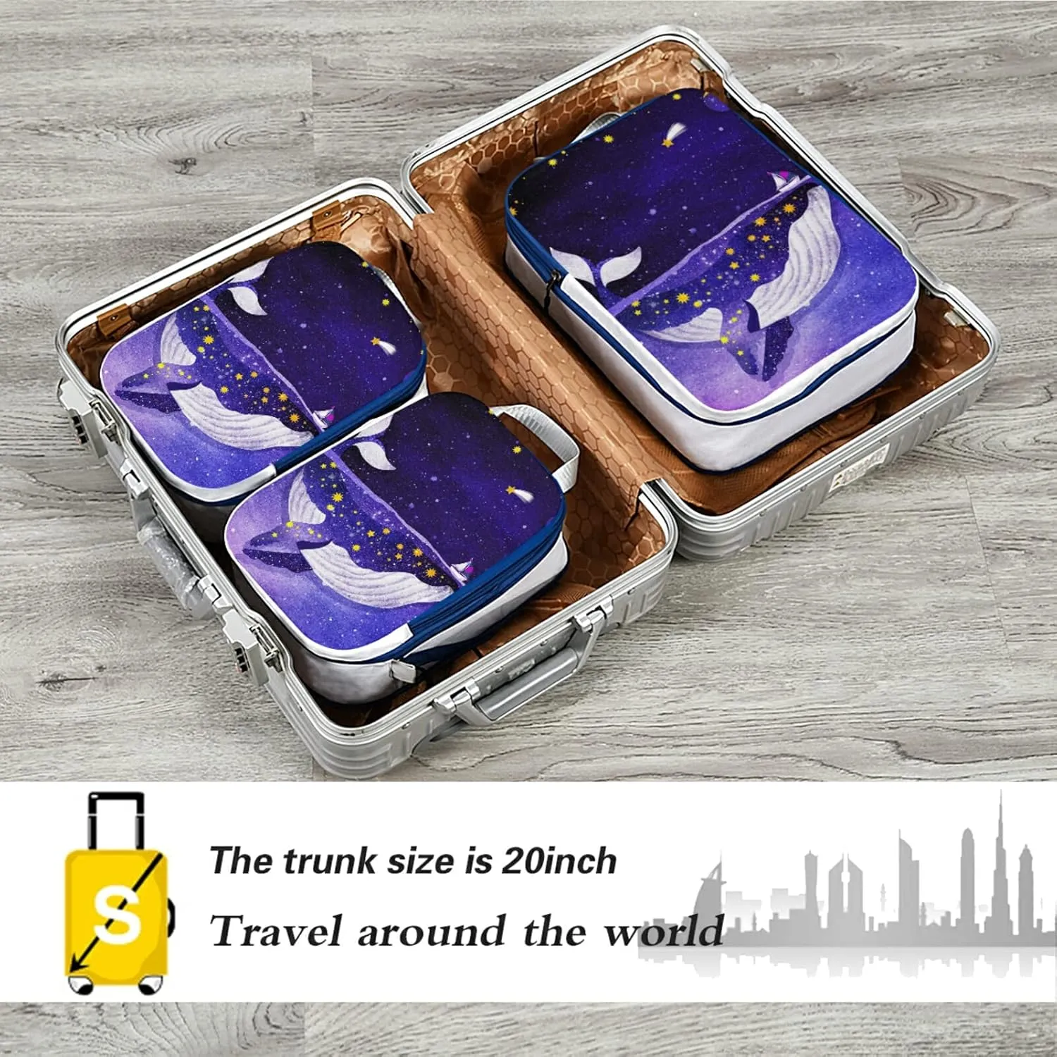 Magic Whale in the Dark Ocean Night Starry Sky Moon Purple Style 3 Piece set Cubes Expandable Adjustable Luggage Packing Bags, Ultralight Organizer Accessories Travel Suitcase Compressible Bags