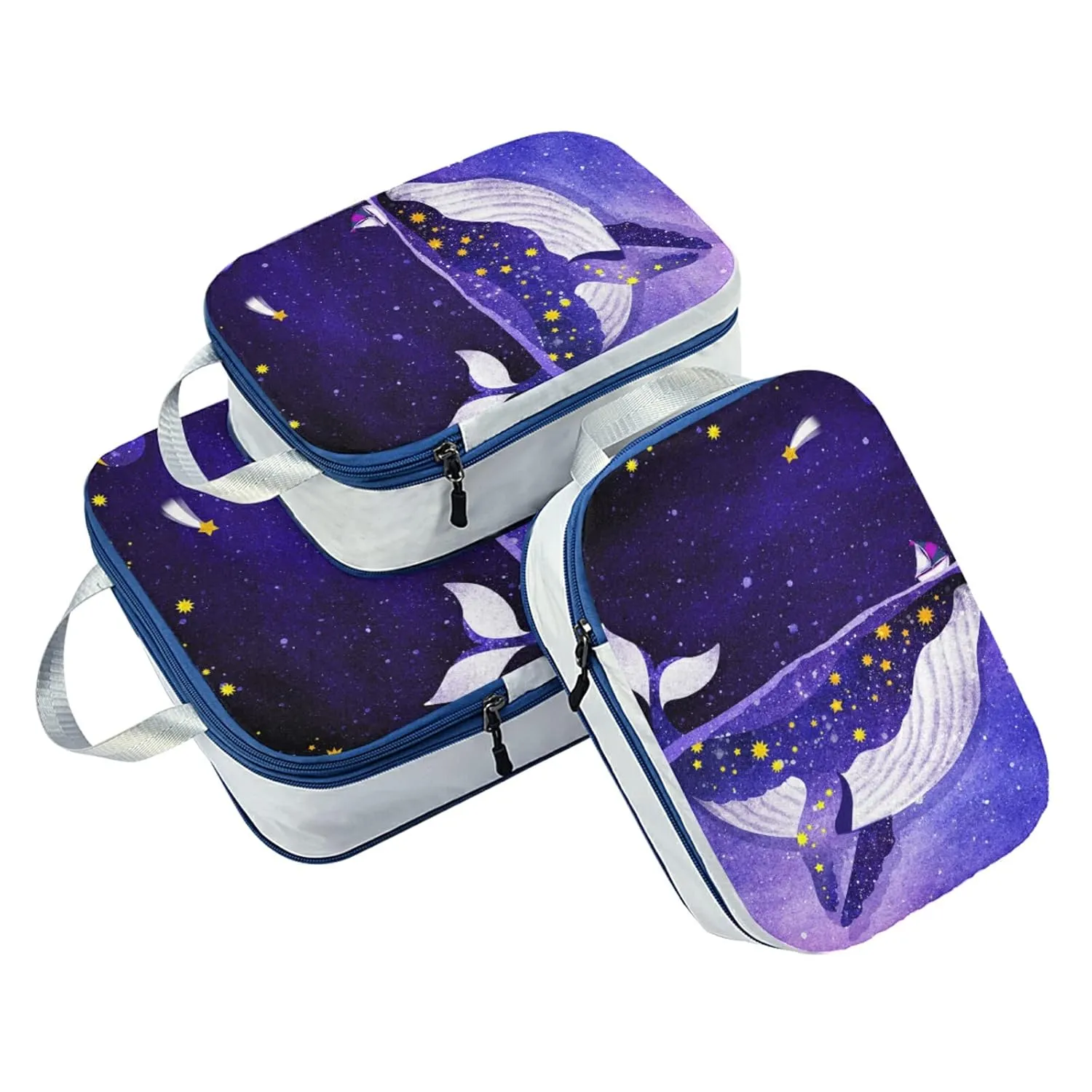 Magic Whale in the Dark Ocean Night Starry Sky Moon Purple Style 3 Piece set Cubes Expandable Adjustable Luggage Packing Bags, Ultralight Organizer Accessories Travel Suitcase Compressible Bags