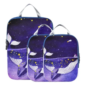 Magic Whale in the Dark Ocean Night Starry Sky Moon Purple Style 3 Piece set Cubes Expandable Adjustable Luggage Packing Bags, Ultralight Organizer Accessories Travel Suitcase Compressible Bags