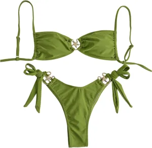 MakeMeChic Women's Two Piece Bikini Set Tie Side Ring Backless High Cut Bathing Suit Swimwear