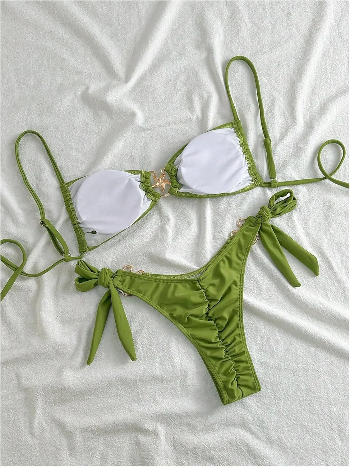 MakeMeChic Women's Two Piece Bikini Set Tie Side Ring Backless High Cut Bathing Suit Swimwear