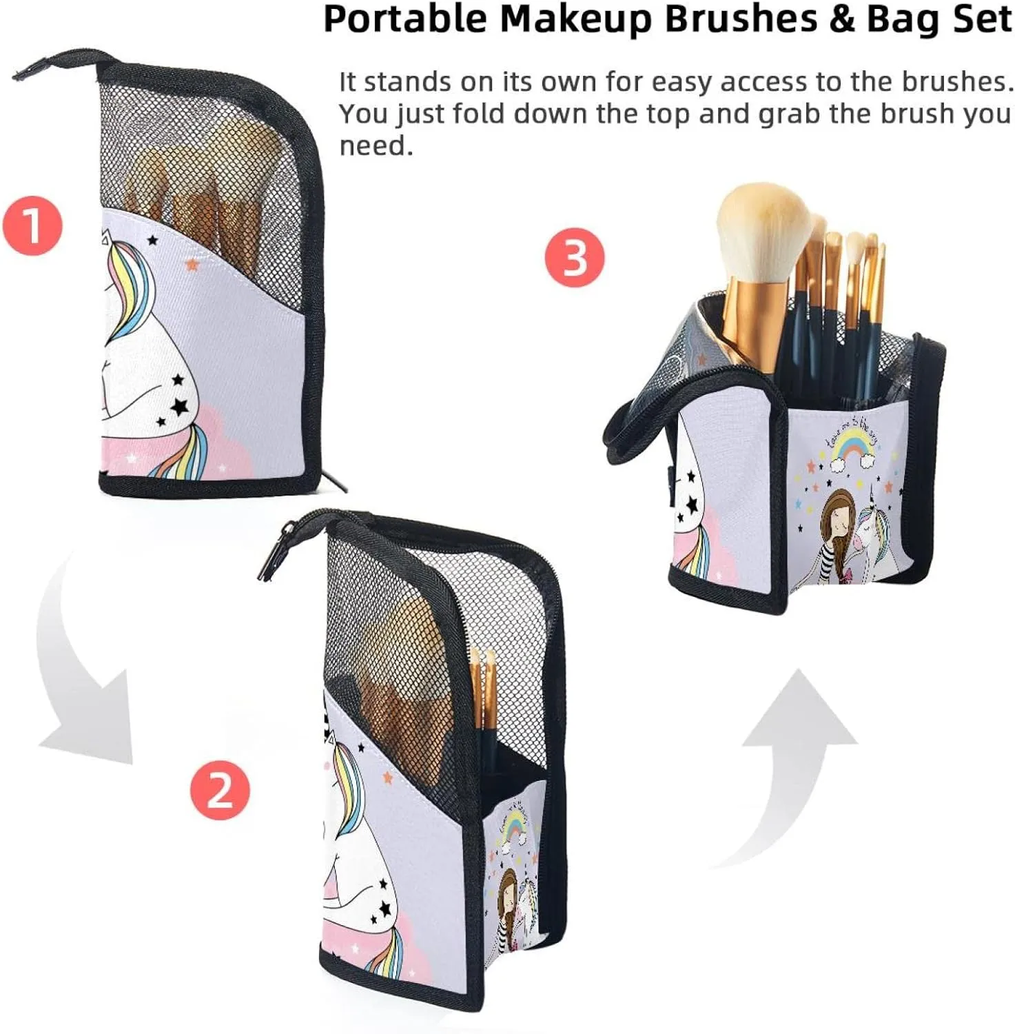 Makeup Brush Organizer Bag, Portable Travel Cosmetic Brush Case with 12 Makeup Brushes, Cute Mermaid and Unicorn Foldable Makeup Cup for brushes, Eyebrow Pencil