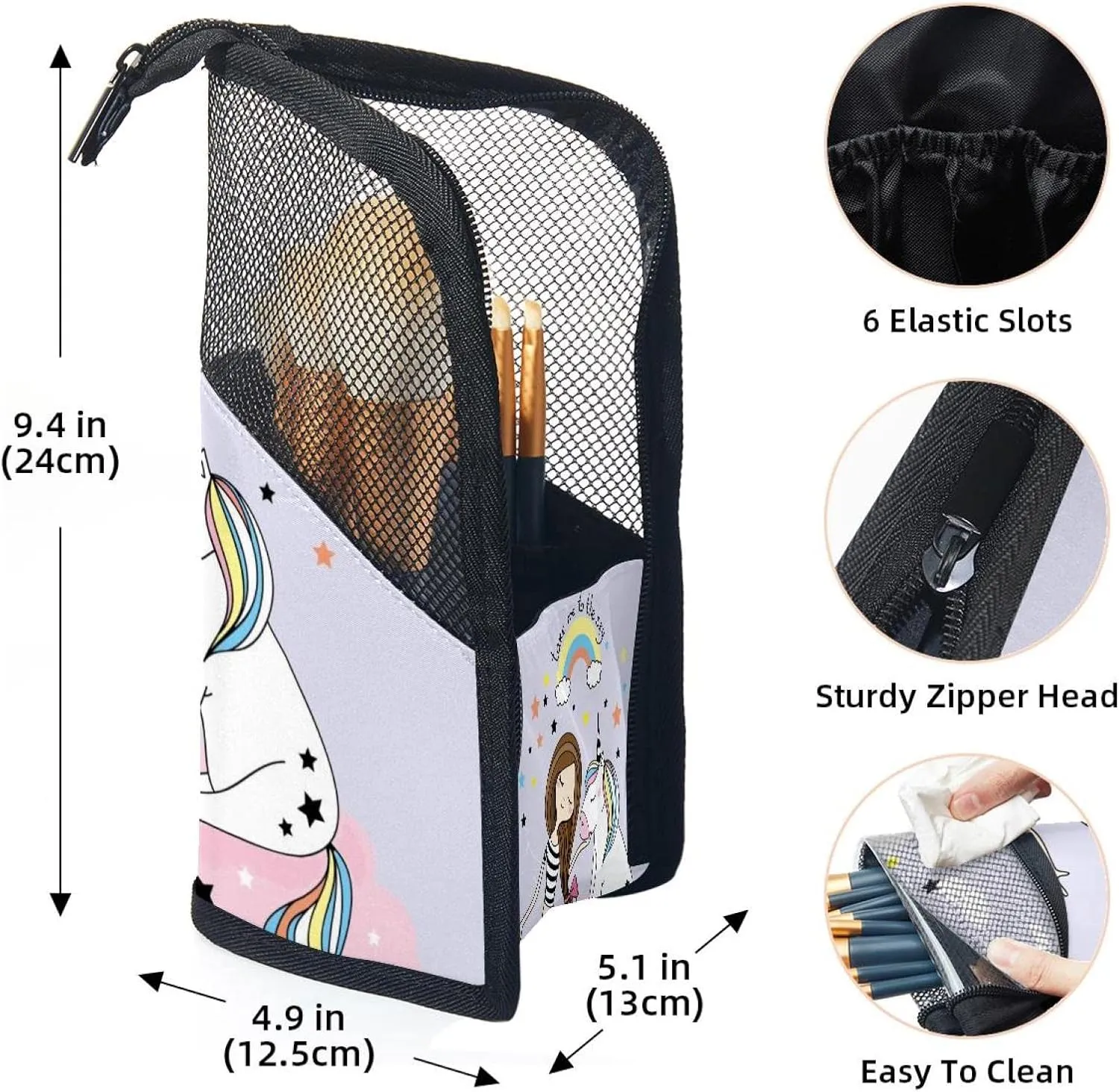 Makeup Brush Organizer Bag, Portable Travel Cosmetic Brush Case with 12 Makeup Brushes, Cute Mermaid and Unicorn Foldable Makeup Cup for brushes, Eyebrow Pencil
