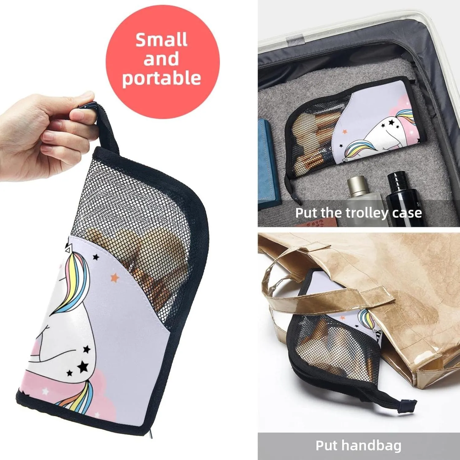 Makeup Brush Organizer Bag, Portable Travel Cosmetic Brush Case with 12 Makeup Brushes, Cute Mermaid and Unicorn Foldable Makeup Cup for brushes, Eyebrow Pencil