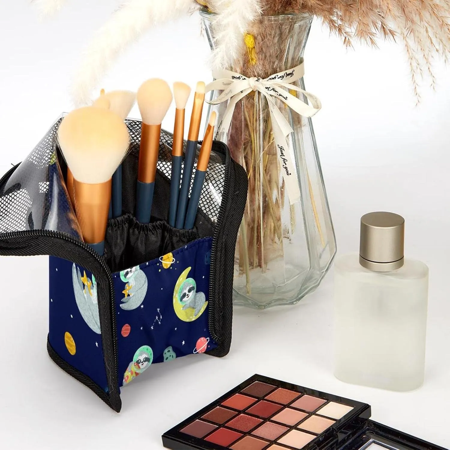 Makeup Brush Organizer Bag, Portable Travel Cosmetic Brush Case with 12 Makeup Brushes, Funny Sloth Universe Foldable Makeup Cup for brushes, Eyebrow Pencil