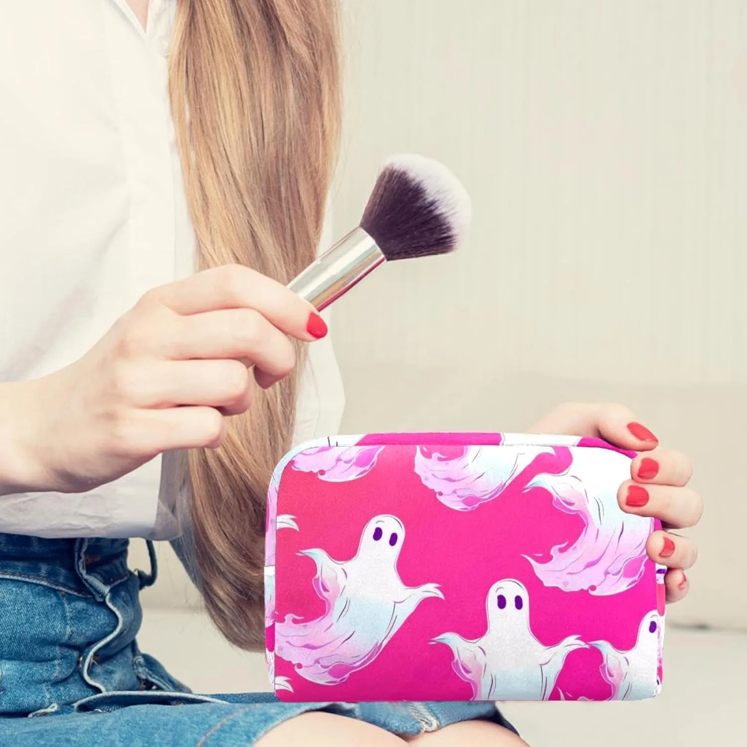 Makeup Organizer Bag, Halloween Ghost Seamless Pattern Pencil Case Cosmetic Storage Bag Portable Toiletry Pouch for Women, Men, Traveling, School