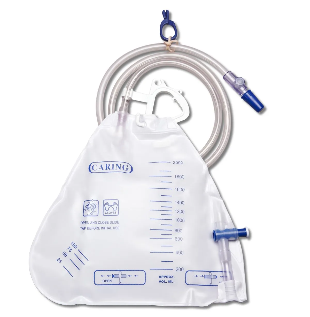 Medline Urinary Drain Bags, 2000 mL Capacity, Anti-Reflux Valve, Slide-Tap Closure, Reinforced Hanger, Case of 20 Each