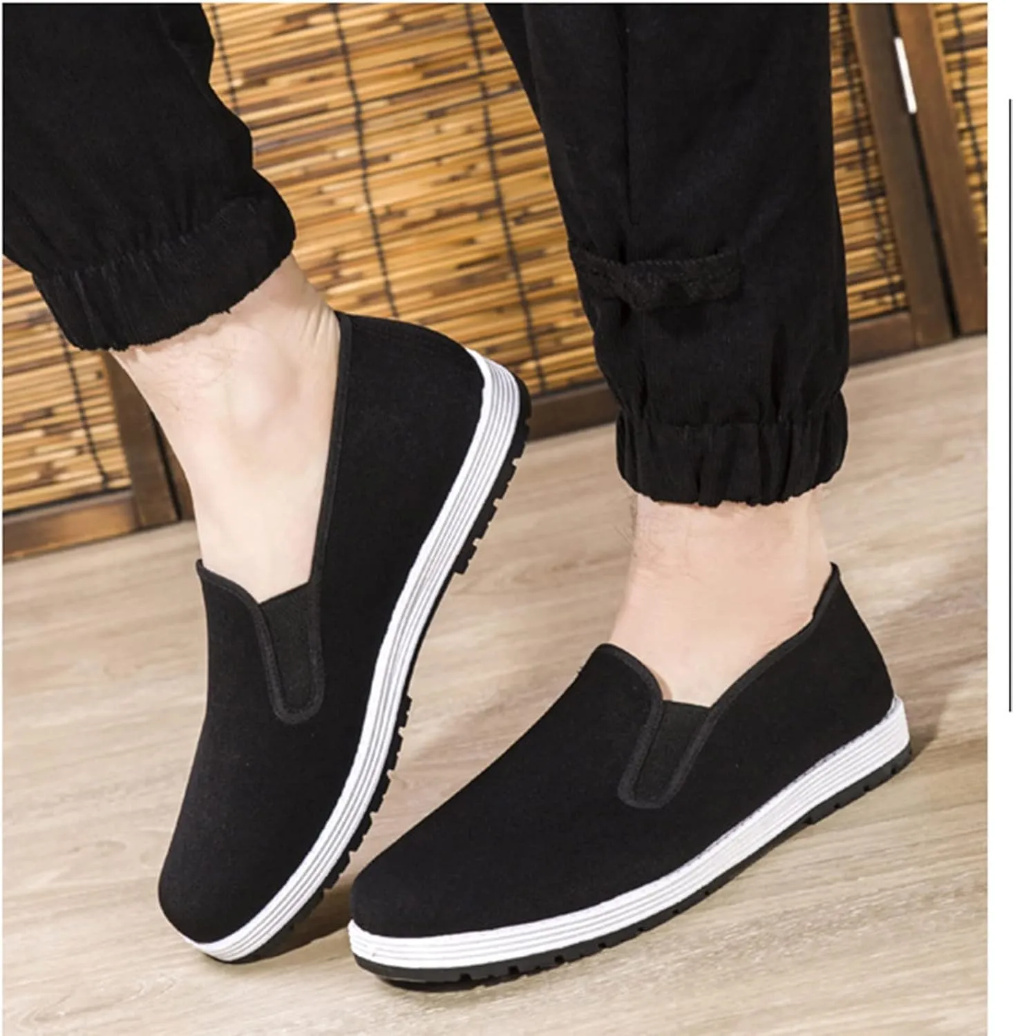 Men Slip-On Chinese Traditional Old Beijing Kung Fu Tai Chi Canvas Shoes, Cloth Kung Fu Martial Arts Tai Chi Canvas Shoes, Outdoor Fashion Breathable Rubber Sole, for Judo, Parkour, Park