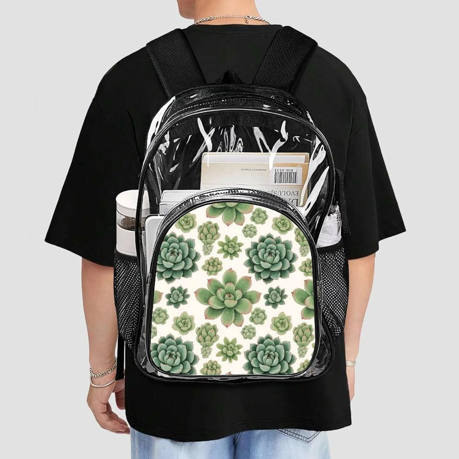 Men Women Lightweight Green Cactus Succulent Flowers Art Casual Daypack Big Capacity Bookbag Transparent Bag for Gym Travel Walking Cycling